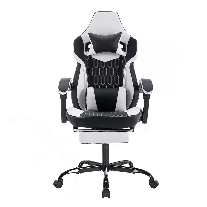 Fauteuil de jeu avec repose-pieds, chaises de jeu à haut dossier, siège de jeu ergonomique en cuir PVC, appui-tête, support lombaire, fauteuil de jeu vidéo (noir et blanc)