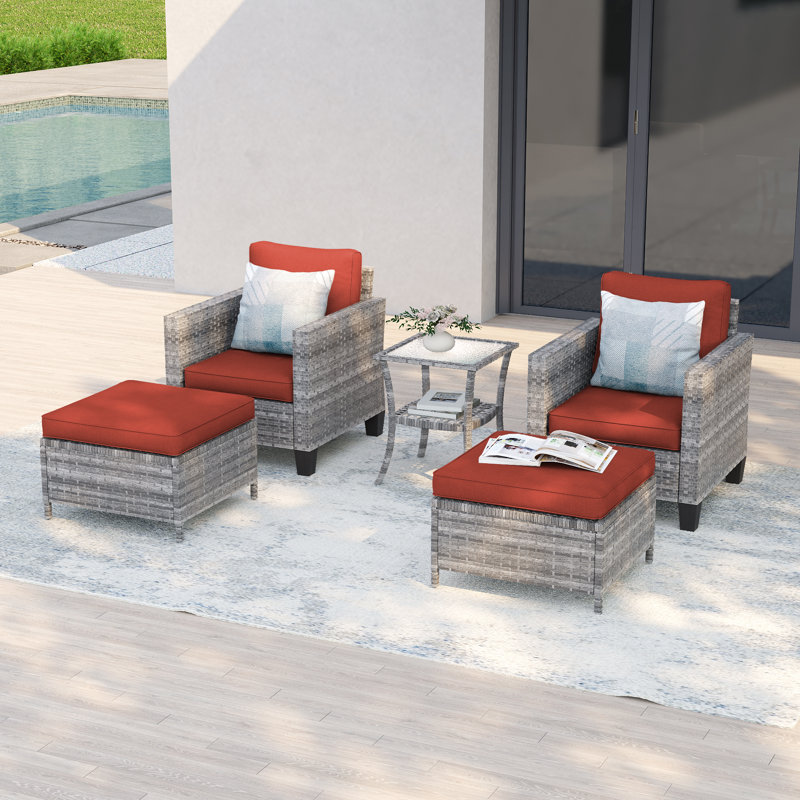 5-Piece Rattan Patio Set,  All Weather Wicker Chair w/Removable Cushion and Sturdy Frame, Gray, Linen Gray
