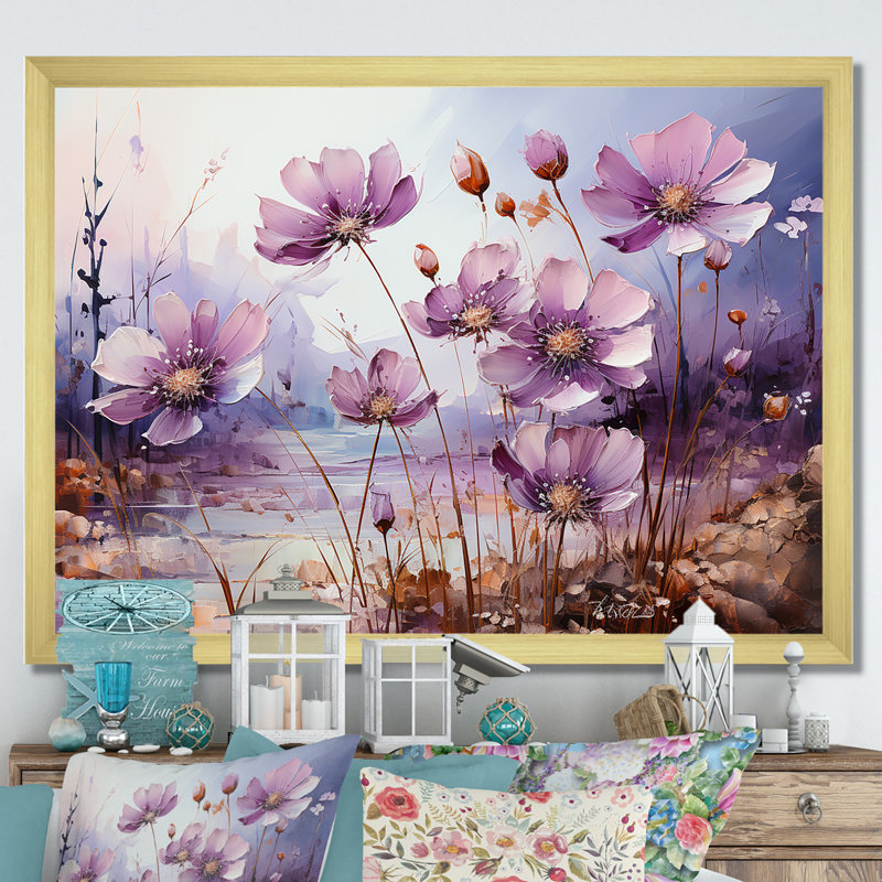 " Violets Flowers Country Charm ", 12" H x 20" W x 1" D, Gold Single Picture Framed