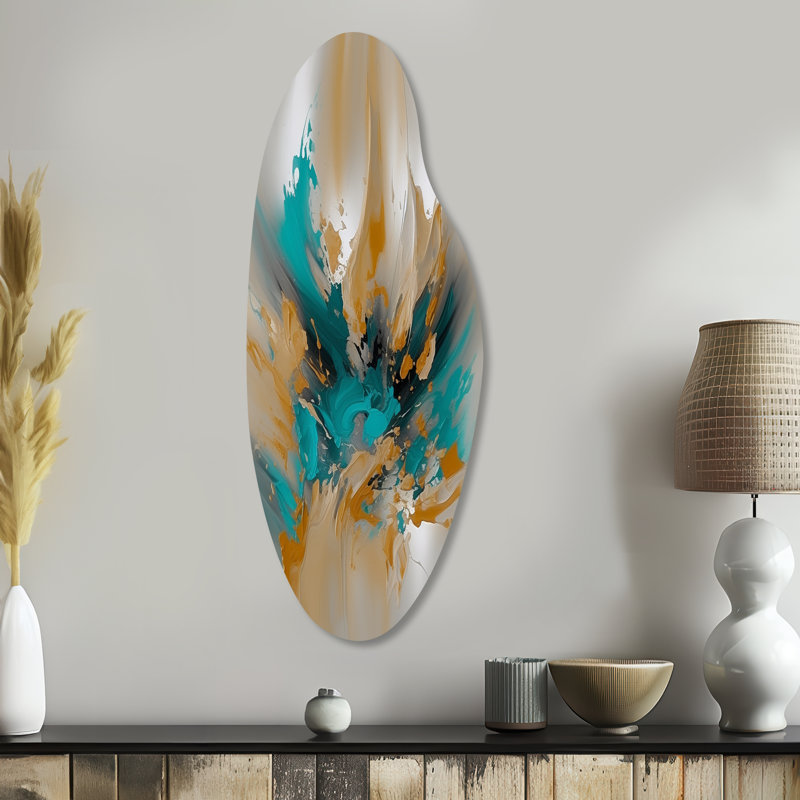 Encre fluide jaune et turquoise - impression asymétrique en marbre sur métal, décoration murale moderne en métal courbé