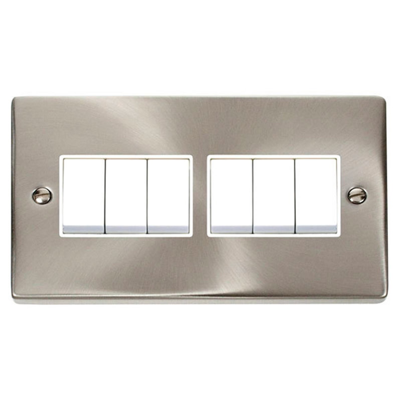 Satin / Brushed Chrome 10A 6 Gang 2 Way Light Switch