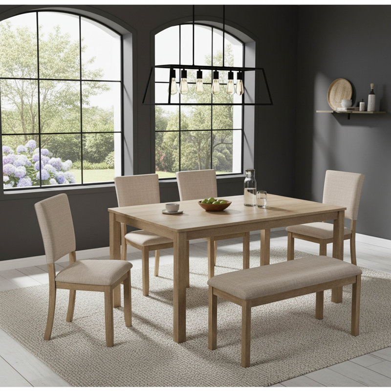 Ensemble de salle à manger moderne 6 pièces, table rectangulaire en bois avec banc et 4 chaises rembourrées, ensemble de cuisine en chêne clair et beige