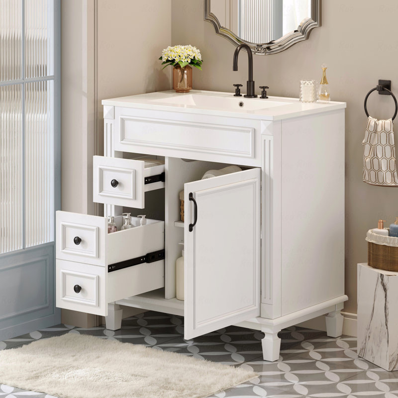 Meuble-lavabo de 30 po avec lavabo en céramique, petite armoire de salle de bain, armoire moderne avec 2 tiroirs et tablette réglable