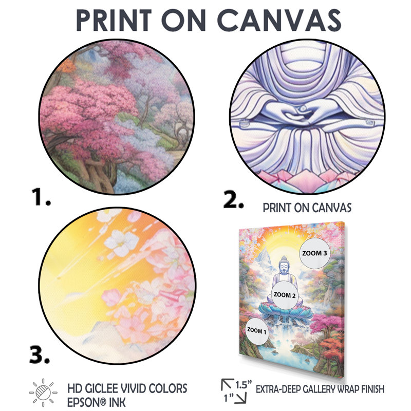 Bouddha blanc dans un jardin céleste pastel II - Bouddhisme, art mural, Toile avec cadre flottant brun