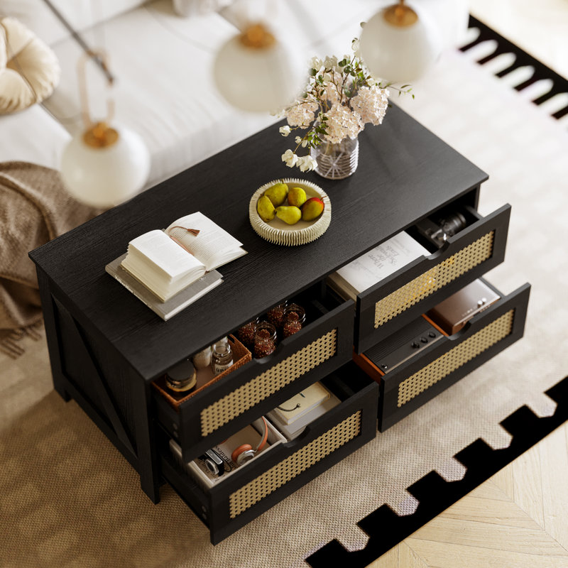 Table basse en rotin et bois, 4 tiroirs avec rangement, H 19,7 po x l 37,4 po x L 17,7 po, Noir, noir, noir, noir
