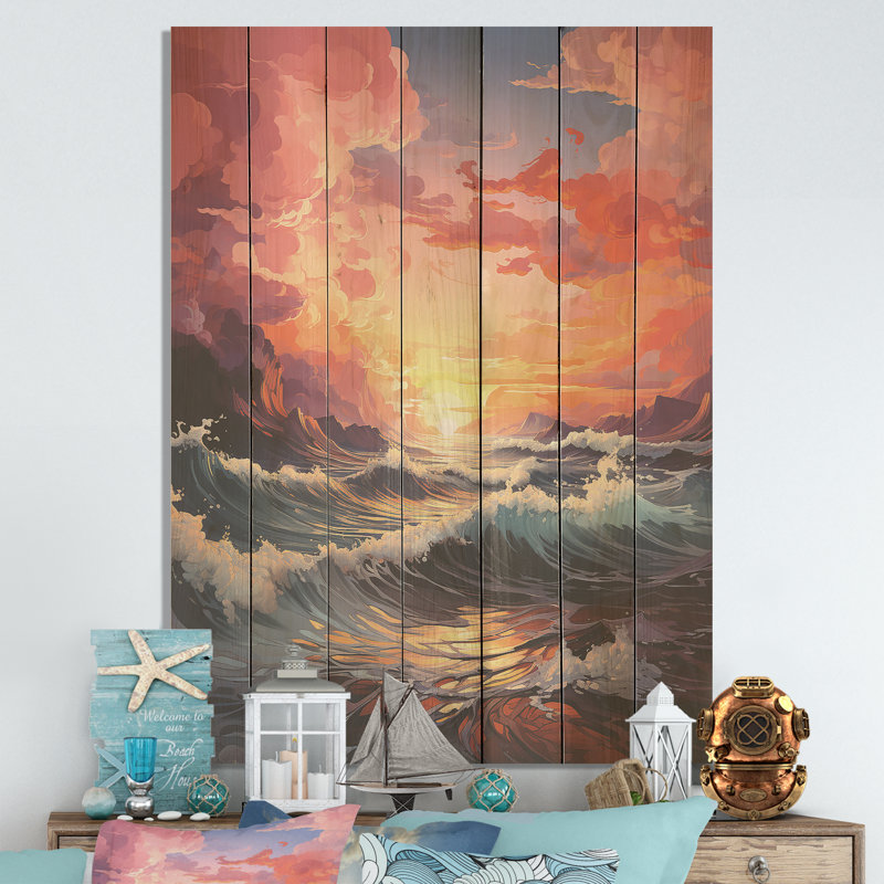 Abstrait coucher de soleil orange sur fond blanc - plage et océan sur bois, H 20 po x l 10 po