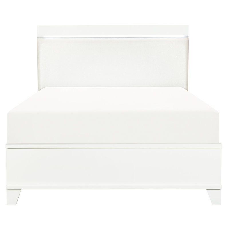Lit en bois avec tête de lit moderne éclairée à DEL blanche brillante et similicuir, Grand lit