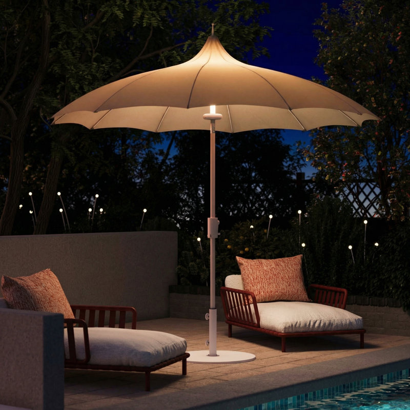 best outdoor patio umbrella lights 3-Tier Solar w/ LED Lights, Tilt Adjustment, Crank unaffected by rain or wind 9FT Pagoda Outdoor Patio Gradient