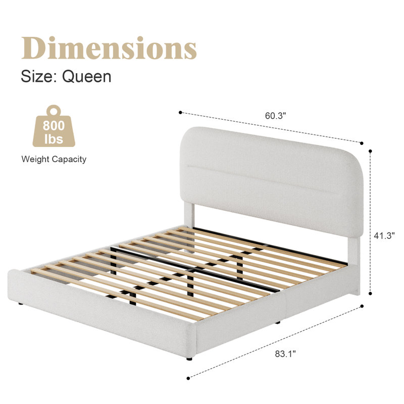 Queen White Boucle Upholstered Platform Bed Frame with Headboard