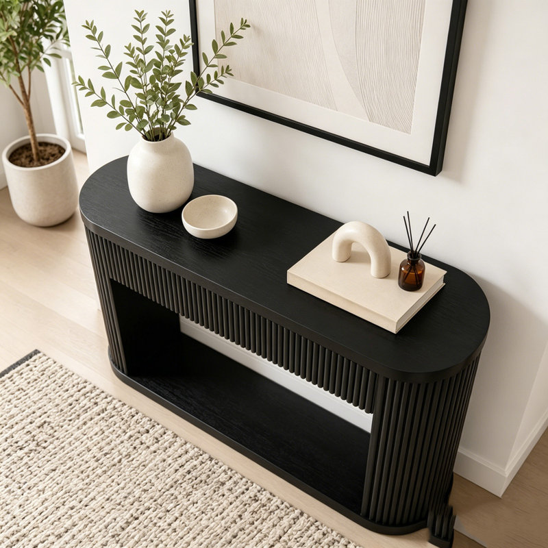 Console ovale cannelée avec 2 tiroirs et tablette inférieure, Black