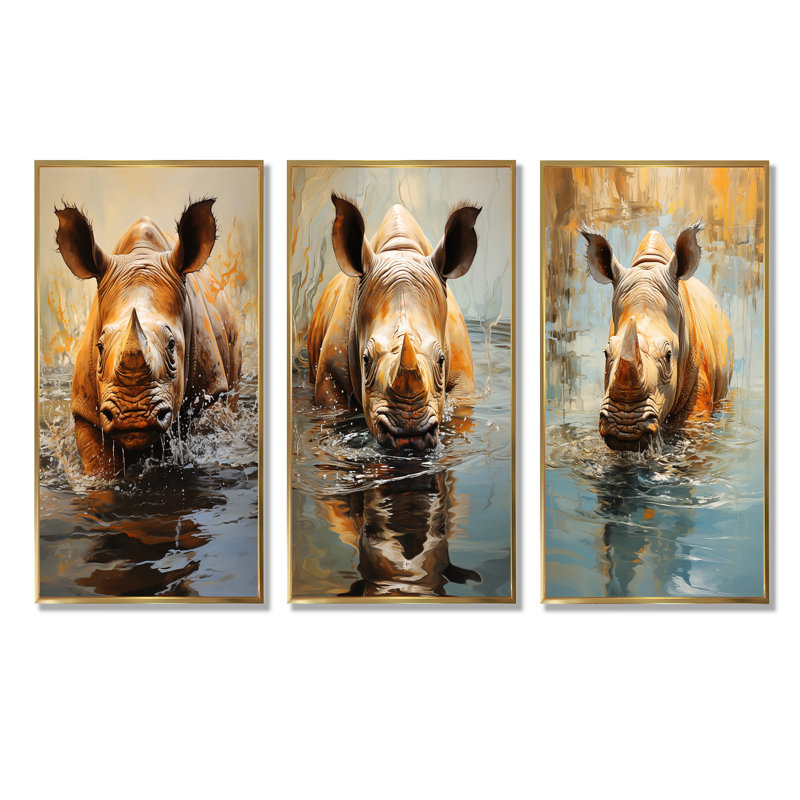 Rhinos Refreshing Dip In Water, Cadre flottant doré, H 32 po x l 48 po