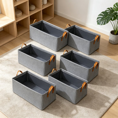 Paquet de 6 bacs de rangement pour placard pour tablettes, paniers en tissu moyen avec poignées, organisateur en coton et polyester tissé pour placard, salon, chambre de bébé, gris, 15 po x 10 po x 8 po