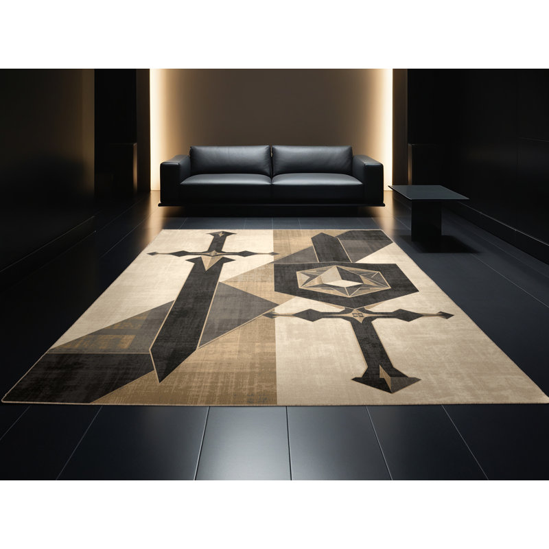 Tapis géométrique beige et moderne à motif épée et bouclier Barnesville lavable à la machine, 3 x 5