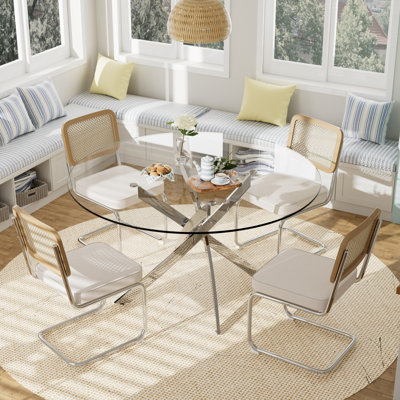 5-Piece Pedestal Dining Set-Round Dining Table with Rattan Upholstered Dining Chairs