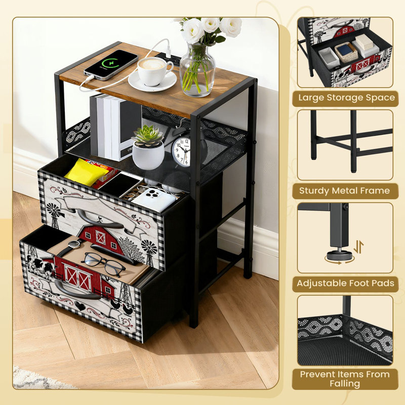 Table de chevet 2 tiroirs en tissu avec station de charge Farmhouse Cows Barn Windmill Trees