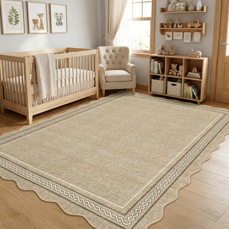 Scalloped Machine Washable Area Rug with Non Slip Backing Soft Faux Wool Low Pile Stain Resistant Easy Cleaning Carpet for Living Room Bedroom