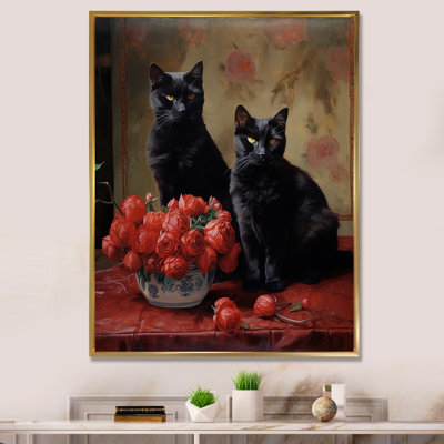 Deux chats noirs avec roses rouges, reproduction d'art sur toile I