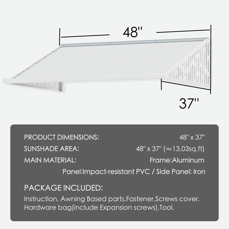 Kozyard Window Awning W48'' x D40'' with 2lron Hollow-Patterned Sidewings, Aluminum Frame with Impact-Resistant PVC Panels, Shade Angle Set During Installation, Rain, Snow & UV Protection Door Canopy