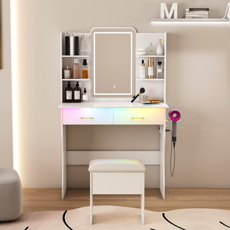 Table de coiffeuse avec miroir à DEL, 3 modes d'éclairage, support pour sèche-cheveux et 2 lumières de maquillage pour la chambre, grands tiroirs, décoration de chambre à coucher, blanc