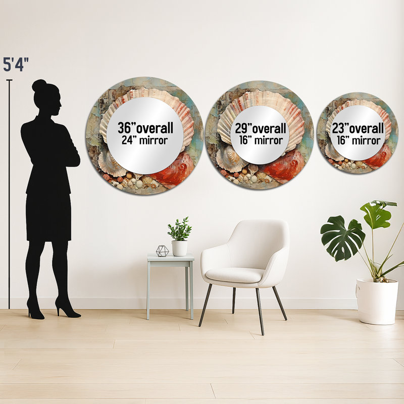 Abstract Seashell Treasures II - Seashell Unique Wall Mirror, Modern Round Mirror, Printed Metal Art, 29" x 29"