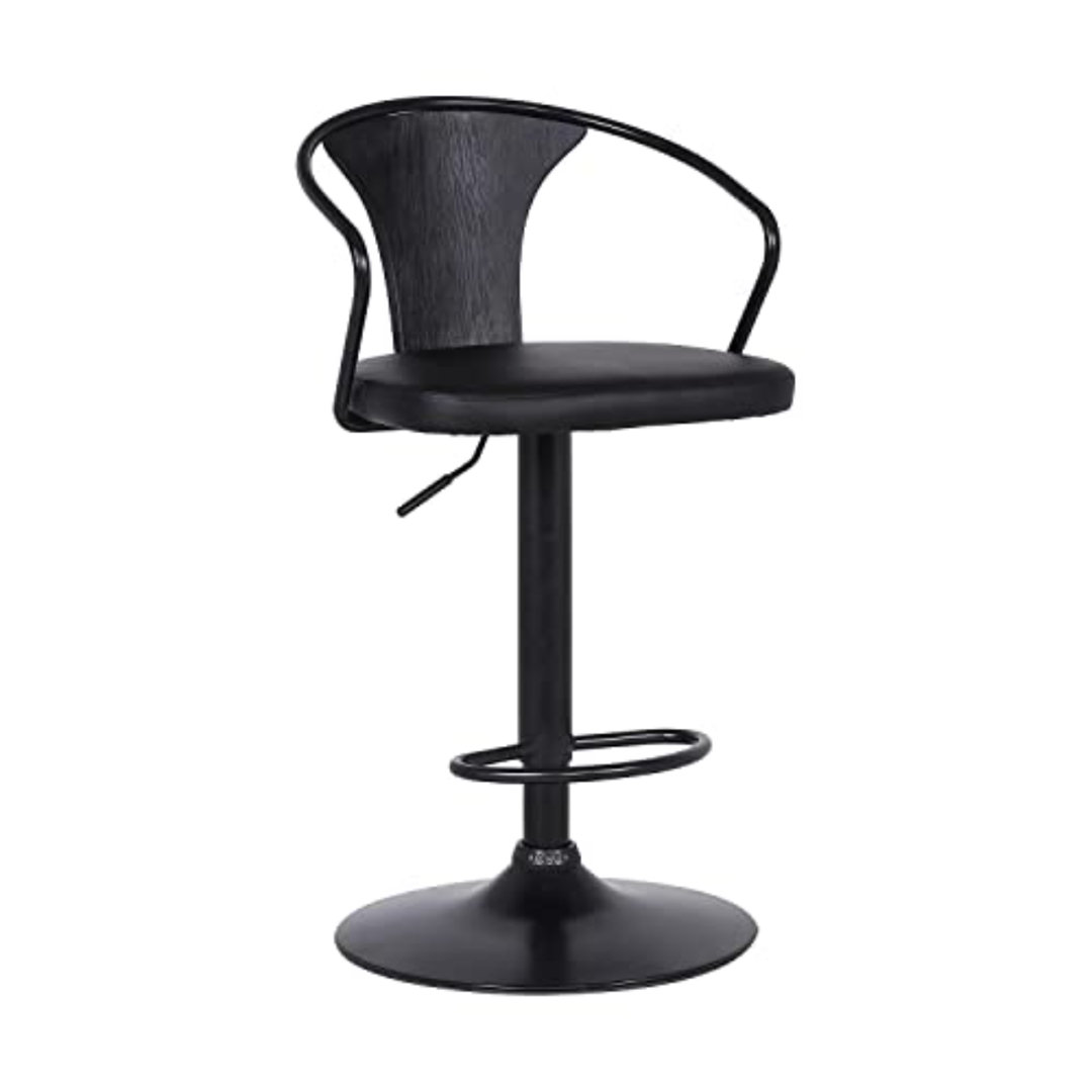 Almus Swivel Adjustable Height Bar Stool with Pedestal Base in Faux Leather, Wood and Black Metal Wrought Studio™ Seat 