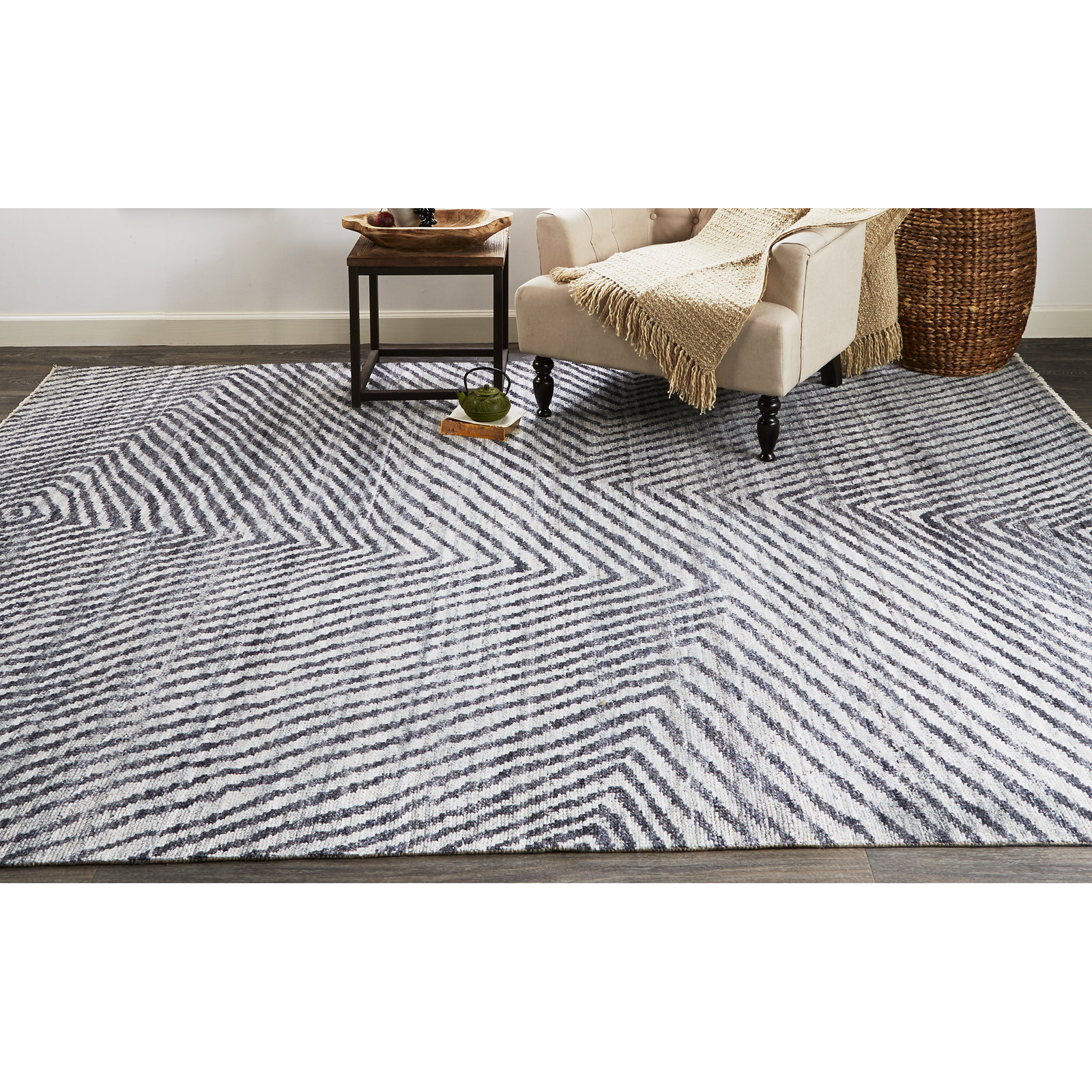 Ethos Gray Hand-Knotted Striped Wool Rug, Rectangle 10' x 14'