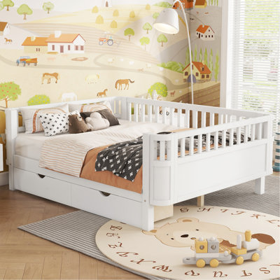 Full Size Wood Platform Bed For Kids, Wood Low Profile Full Bed With Rails For Girls And Boys, White
