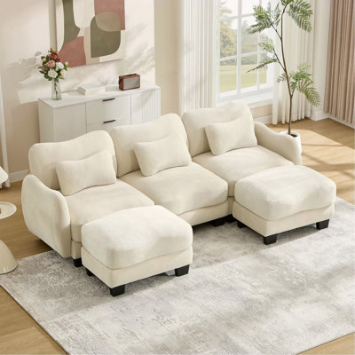 Canapé en forme de U en chenille avec 3 coussins de taille exquise, canapé modulaire surdimensionné à 3 places avec 2 repose-pieds mobiles, design incurvé ergonomique, canapé modulaire facile à assembler pour le bureau du salon, beige