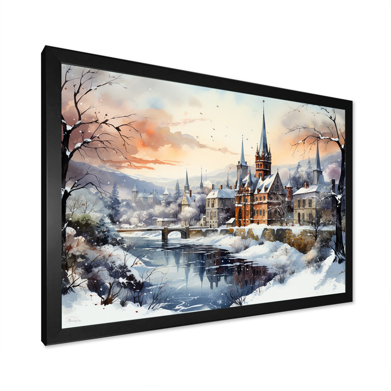 «Wonderful Castle Winter At Christmas - Winter Landscape», art mural, Cadre d'angle fermé noir, H 24 po x l 32 po x P 1 po