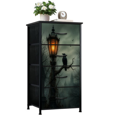 Dresser for Bedroom with 4 Storage Drawers Gothic Vintage Dark Academia Horror Forest Crow Black Wooden Frame Dressers Chest of Drawers Steel Framed Fabric Closet Organizers for Dorm Entryway