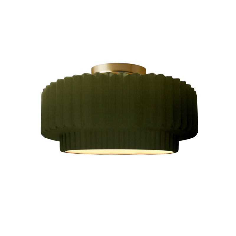 Radiance Ceramic Pleated Semi-Flush Mount, Matte Green, Brushed Brass, 7" H x 12" W x 12" D