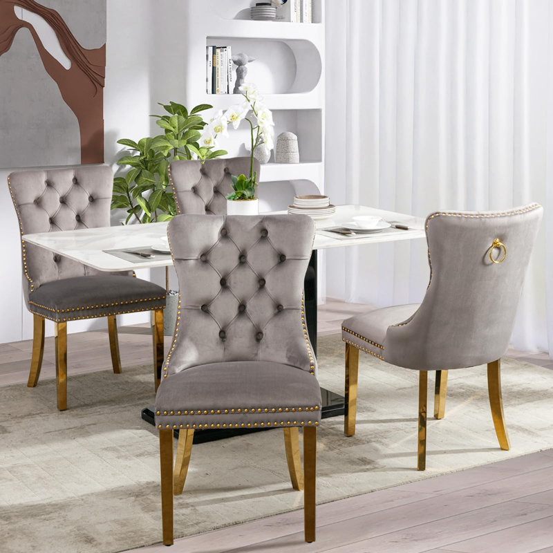 Chaises de salle à manger, chaise de salle à manger rembourrée haut de gamme avec anneau clouté, Doré, Velours gris velours