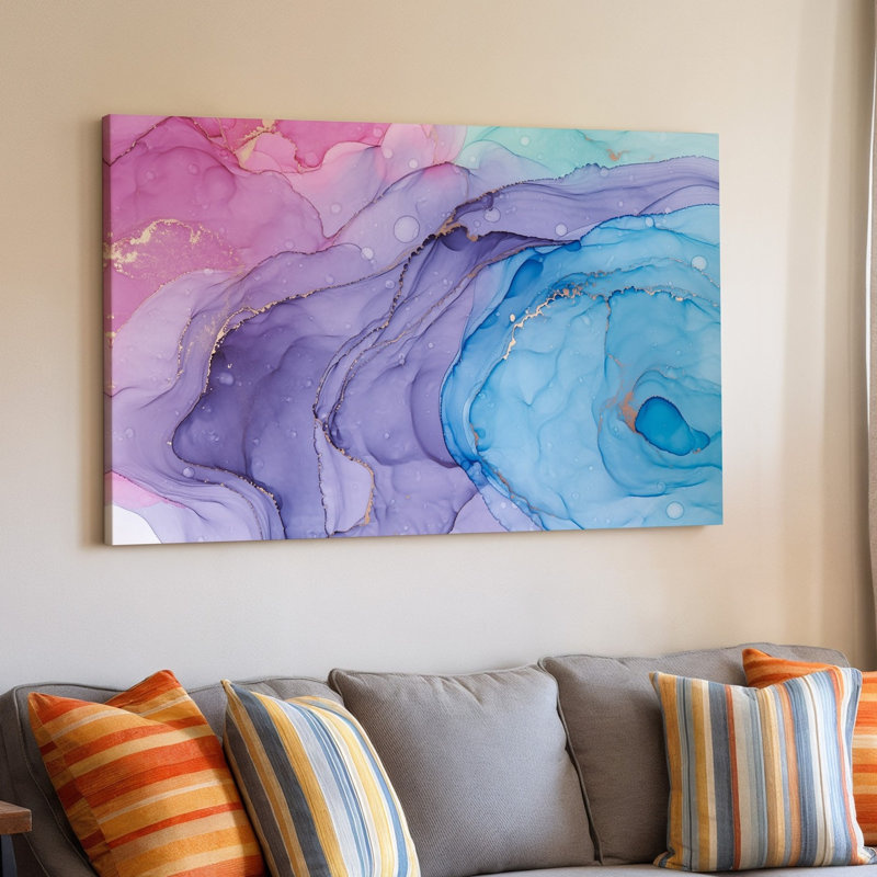 La toile crée une composition abstraite avec un mélange tourbillonnant de couleurs d'art pastel, y compris des bleus et des mauves roses
