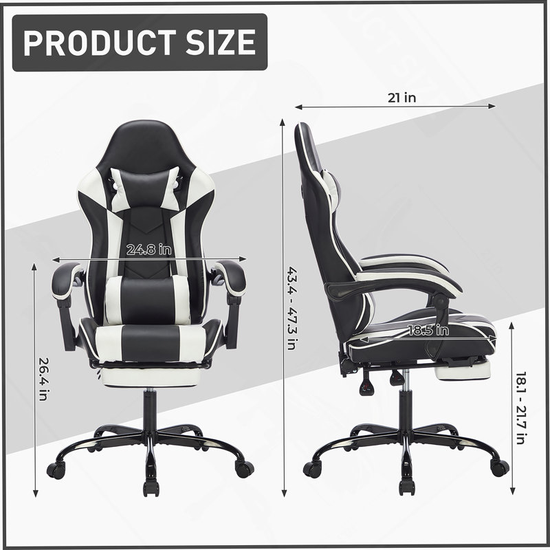 Fauteuil de jeu avec repose-pieds, fauteuil d'ordinateur ergonomique avec appui-tête et support lombaire, fauteuil de jeu vidéo réglable en hauteur respirant pour adultes, noir et blanc