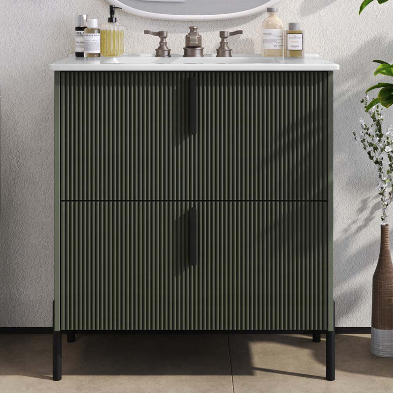 Meuble-lavabo de salle de bain avec lavabo en céramique et tiroirs pleine extension, Vert
