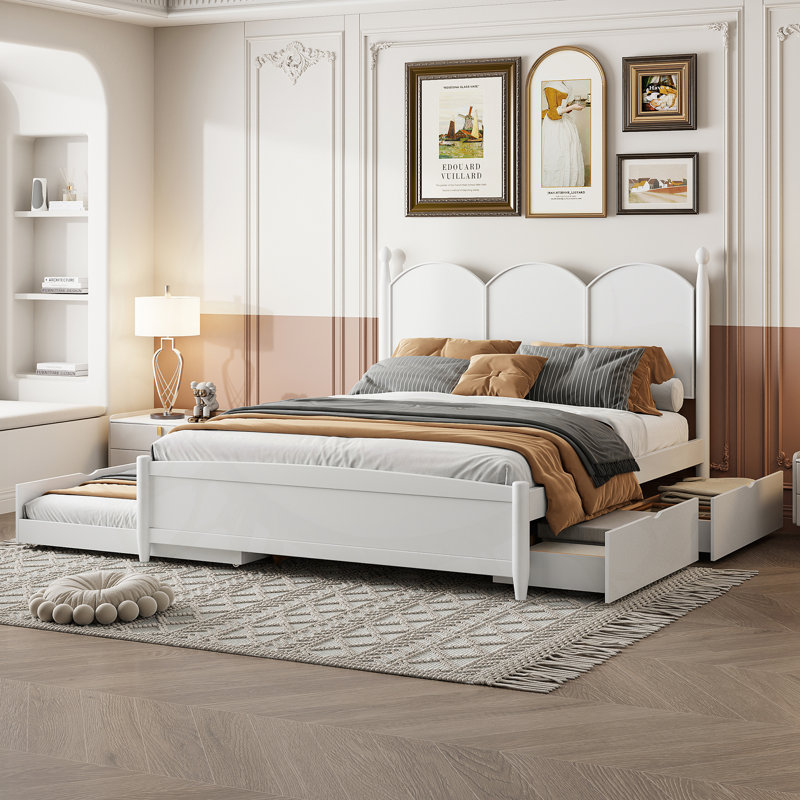 Grand lit plateforme avec 2 grands tiroirs, lit gigogne simple TG, Blanc