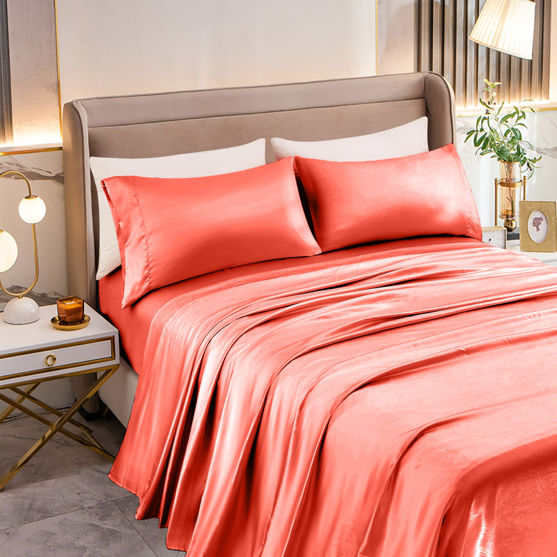 Elegant Comfort Luxurious 4-Piece Silky Satin Sheet Set, Skin And Hair Friendly, Wrinkle, Fade, Stain Resistant With Deep Pockets Fitted Sheet, Cooling Soft Satin Sheet Set