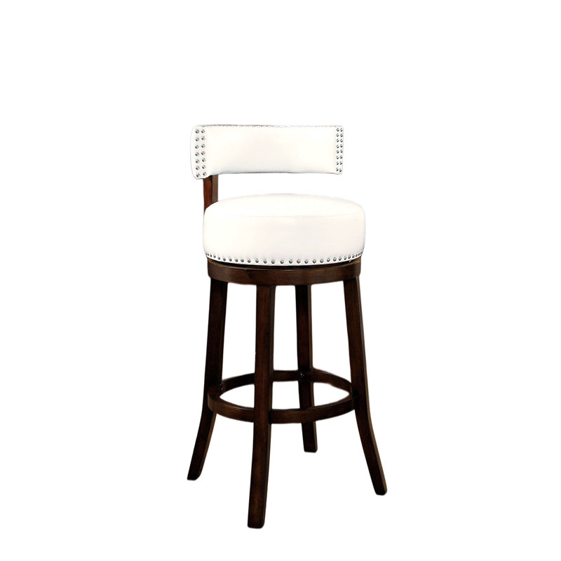 Chaises de bar pivotantes de 25 po, style transitionnel avec éléments modernes, finition chêne foncé / blanc, sièges et dossiers rembourrés recouverts de tissu, fabrication en bois riche, garniture cloutée, l 22,5 po x P 34 po, cuisine