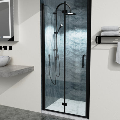 34 à 35 3/8 po L x 72 po portes de douche bi en noir mat, verre transparent, aluminium pour le style de salle de bain et le confort semi-noir avec H, satisfaction