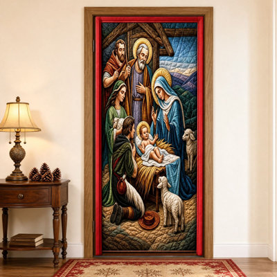 Christmas Quilted Door Curtains Embroidered Santa Claus Style Door Banners Porch Christmas Party Decorations, Christmas Decorations