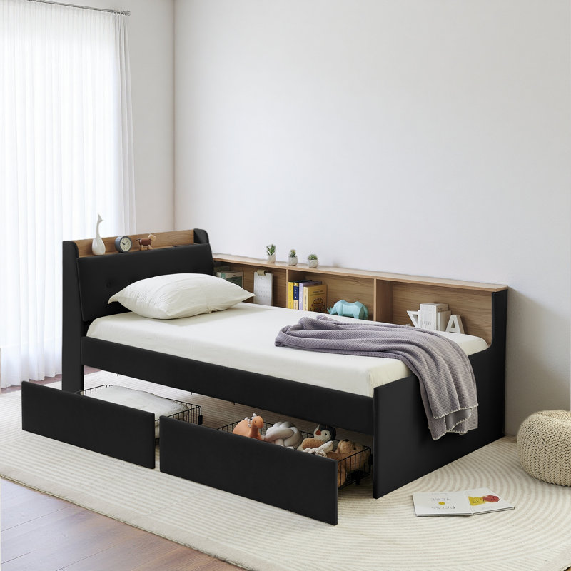 Twin Size Upholstery Velvet Day Bed With Storage Headboard And Wireless Charging, Black