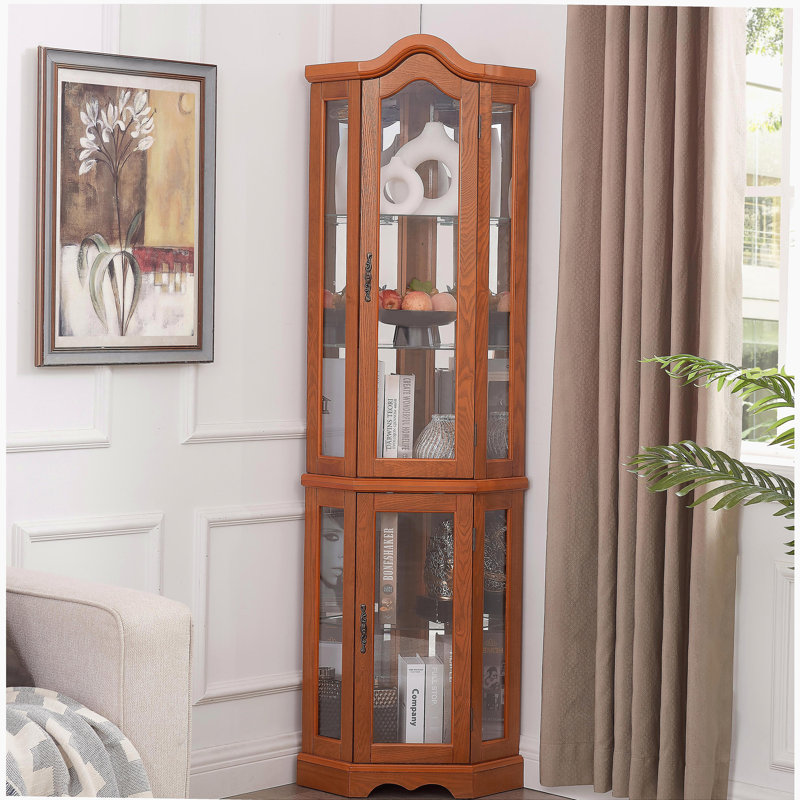 Curio Cabinet Lighted Glass Display Curio Cabinet w/Tempered Glass Doors and Shelves, Crown Corner Cabinet with Bulb, Corner Storage Decoration for Living room and Bedroom OAK