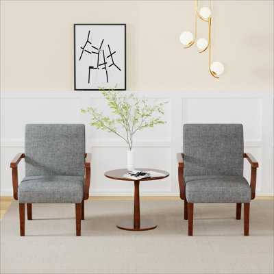 Ensemble de 2 fauteuils d'appoint en tissu compact avec table d'appoint ronde, revêtement gris neutre pour petits espaces