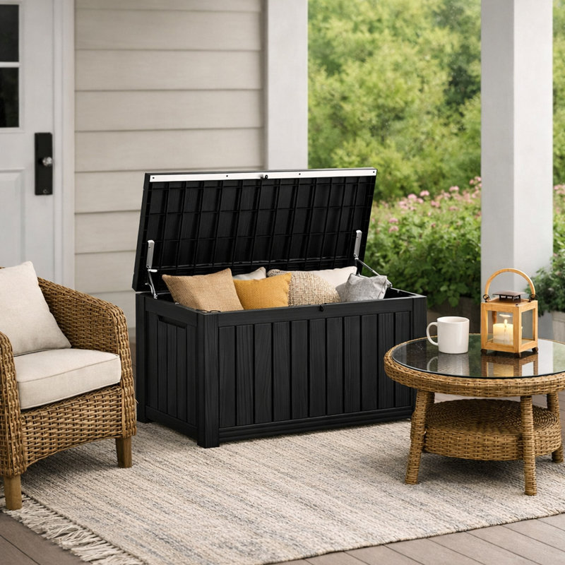 180 Gallon Large Waterproof Deck Box with Lockable Lid for Patio Furniture, Pool Supplies, Black