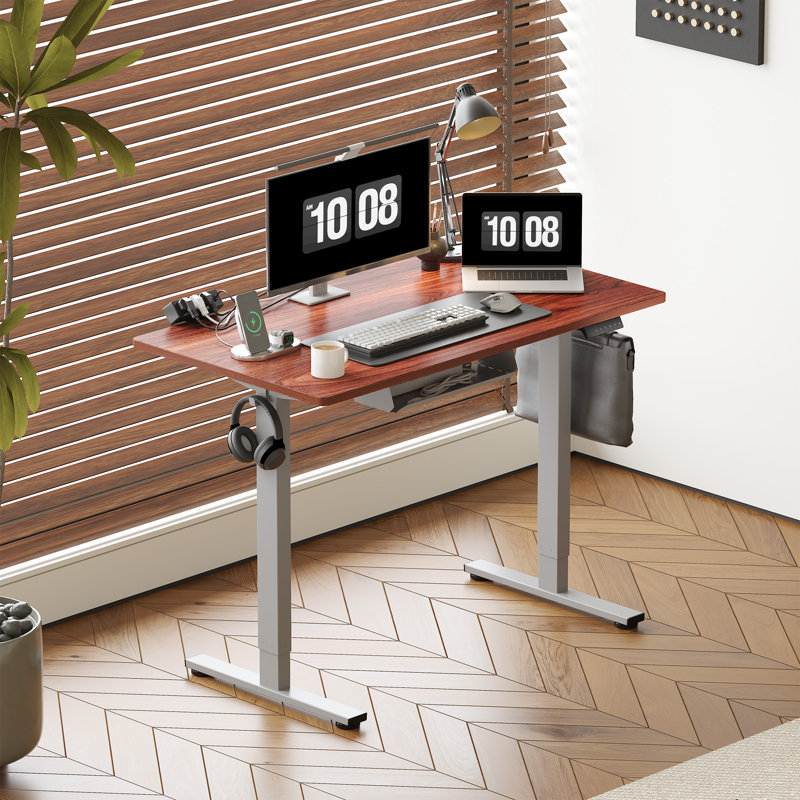 Adjustable Standing Desk, Whole-Piece Desktop, 48" W x 30" D, Mahogany/Gray
