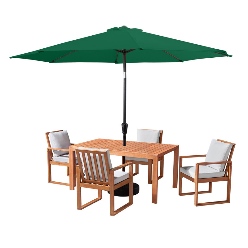 Weston 6 Pc Patio Dining Set Wood One 63" Table 4 Chairs With Cushions And 1 10-Foot Tilt Umbrella , Green
