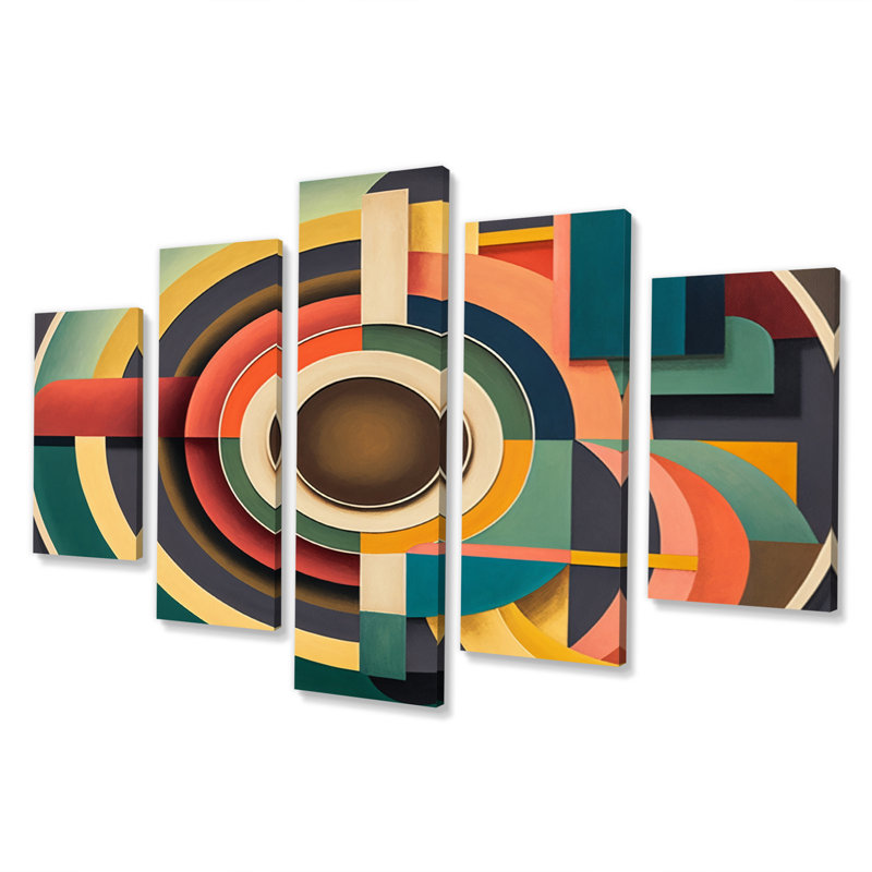 Mid-Century Vintage Circular Visions III - salon d'art moderne Mid-Century - 5 panneaux