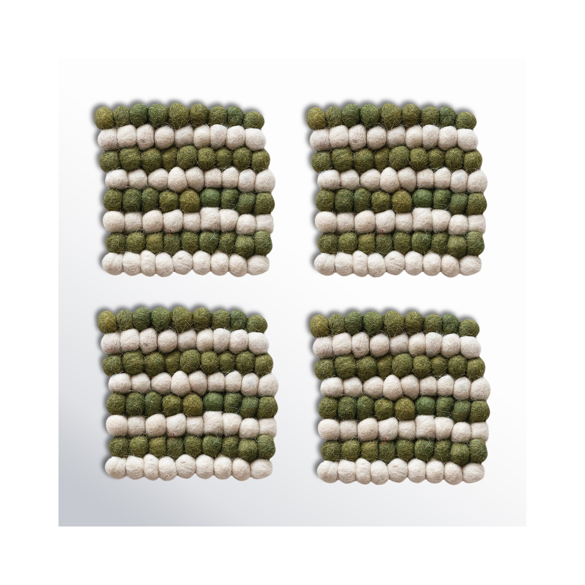 Handmade Wool Felt Ball Coasters, Cream/Green