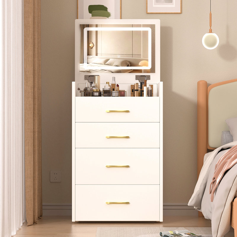 Meuble-lavabo 3 en 1 avec miroir ouvert, petit ensemble de coiffeuse avec bureau en verre visible, coiffeuse compacte avec 3 tiroirs, coiffeuse pour chambre à coucher