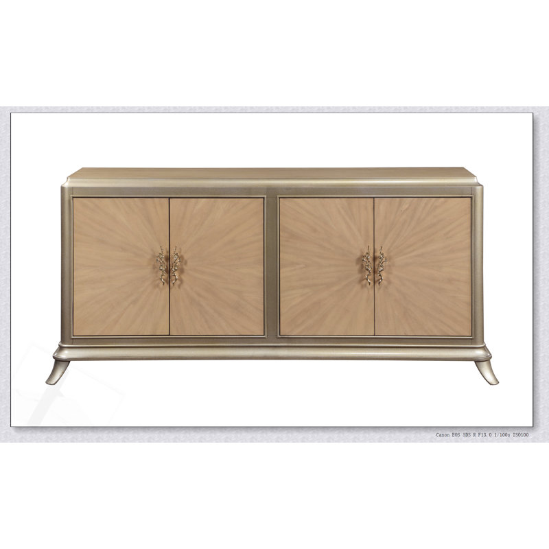 Armoire console en chêne naturel à motif soleil levant et motif taupe Dodie, parfaite pour un rangement et une présentation élégants